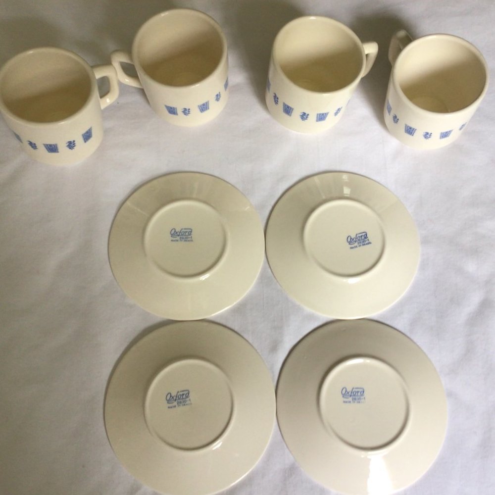 Set of Four Cream colored Mugs and Saucers with blue print design - Picture 6 of 8